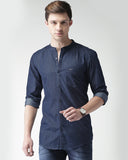 Basic Navy Blue Casual Shirt With Band Collar For Men