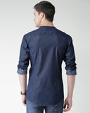 Basic Navy Blue Casual Shirt With Band Collar For Men - YNG Empire