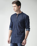 Basic Navy Blue Casual Shirt With Band Collar For Men - YNG Empire