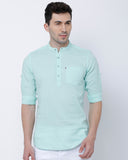 Turquoise Short Kurta Style Casual Shirt With Band Collar For Men