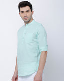Turquoise Short Kurta Style Casual Shirt With Band Collar For Men - YNG Empire