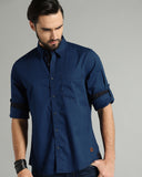 Navy Blue Casual Shirt With Band Collar For Men