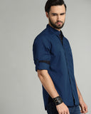Navy Blue Casual Shirt With Band Collar For Men - YNG Empire