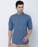 Basic Steel Blue Short Kurti Style Casual Shirt For Men
