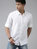 Men White Opaque Cotton Linen Casual Shirt