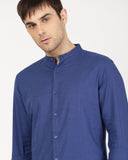 Basic Electric Blue Casual Shirt For Men With Band Collar - YNG Empire