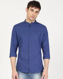 Basic Electric Blue Casual Shirt For Men With Band Collar - YNG Empire