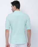 Turquoise Short Kurta Style Casual Shirt With Band Collar For Men - YNG Empire