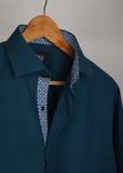 Teal Blue Formal Shirt With Collar Detailing For Men