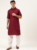 Men Maroon Pure Cotton Pathani Kamiz With White Shalwar - YNG Empire