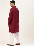 Men Maroon Pure Cotton Pathani Kamiz With White Shalwar - YNG Empire