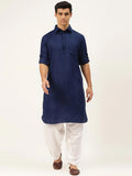 Men Pathani Navy Blue Solid Kamiz With White Shalwar - YNG Empire