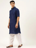 Men Pathani Navy Blue Solid Kamiz With White Shalwar - YNG Empire