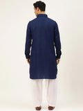 Men Pathani Navy Blue Solid Kamiz With White Shalwar - YNG Empire