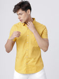 Men Mustard Yellow Slim Fit Solid Cotton Casual Shirt - YNG Empire