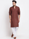 Men Brown Solid V-Neck Regular Kurta With Pajamas - YNG Empire