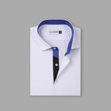 White With Black And Blue Sports Detail Premium Fabric Formal Shirt - YNG Empire