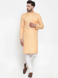 Men Peach-Coloured & White Solid Kurta with Churidar - YNG Empire