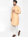 Men Peach-Coloured & White Solid Kurta with Churidar - YNG Empire